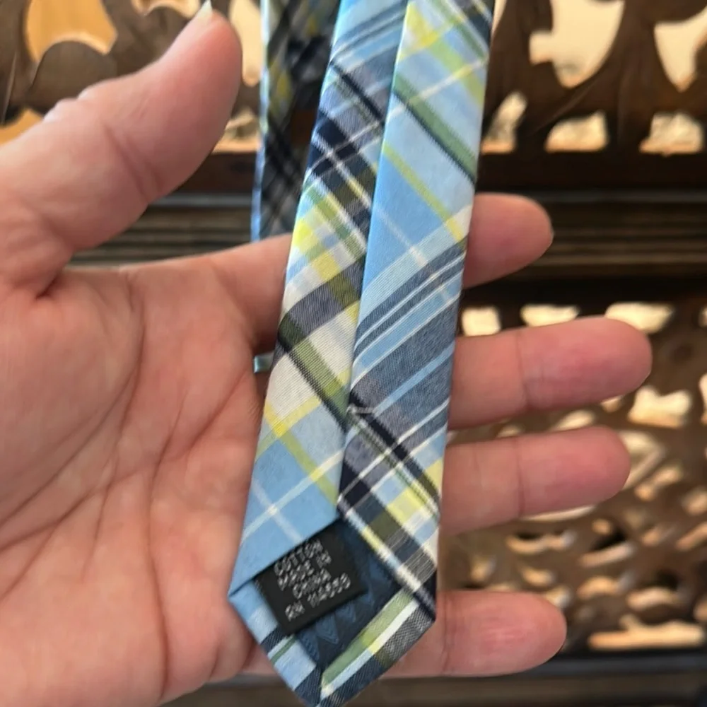 J. Khaki Blue / Yellow / White Plaid Necktie / Tie.